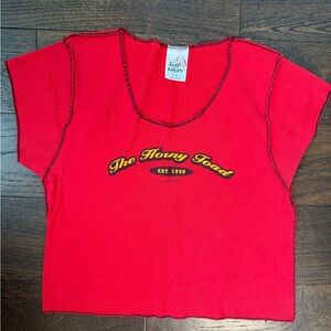 Y2K Baby Tee‎ Sz L XL Graphic Summer Crop Top T Shirt Red Horny Toad Lake Ozark